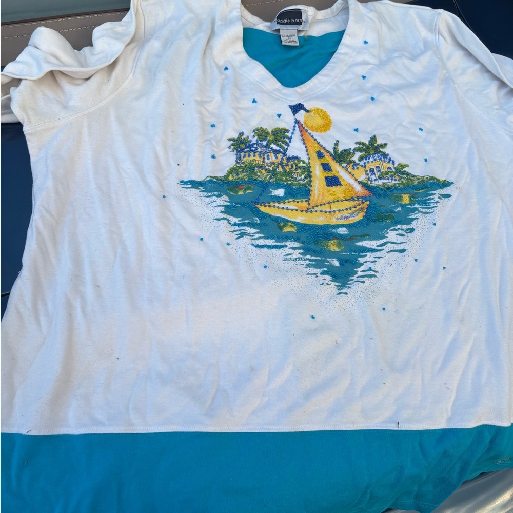 Maggie Barnes White and Blue Short Sleeve Tee with Surf Design
